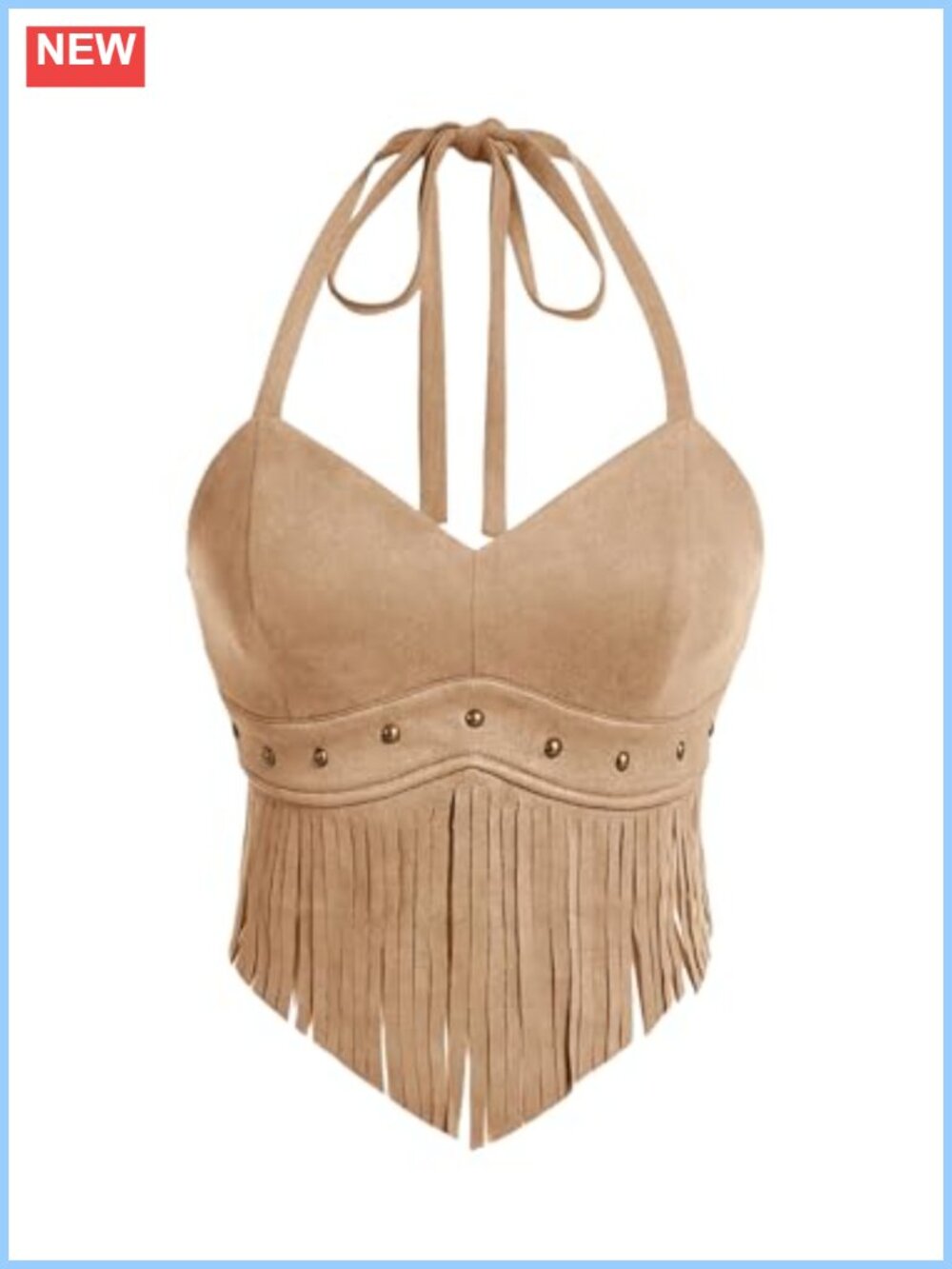 Suede Fringe Hem Halter Cami Top Slim Fit Crop Backless Tank